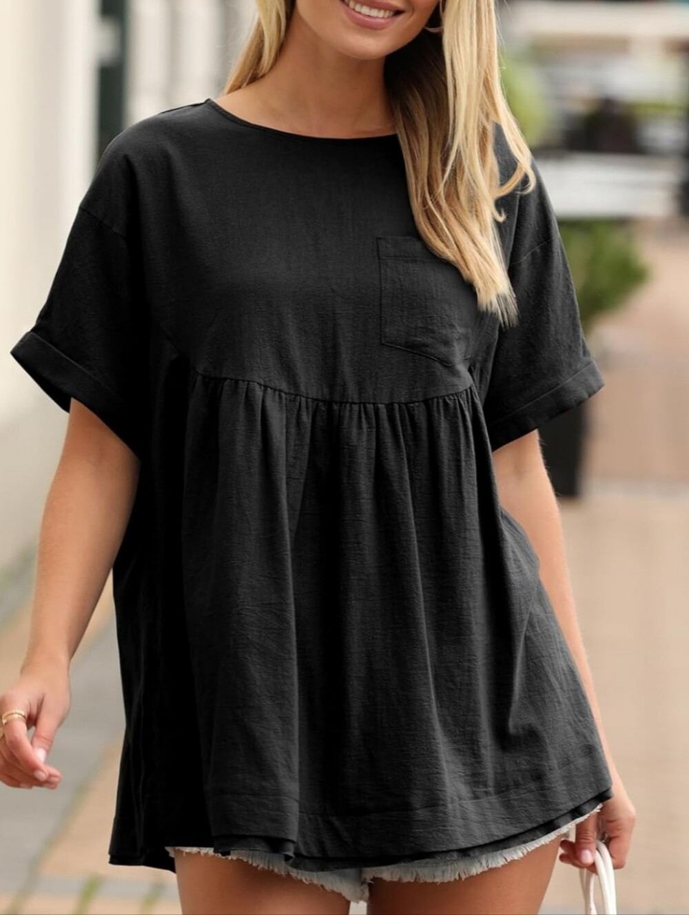 Relaxed Black Short-Sleeve Tunic Top